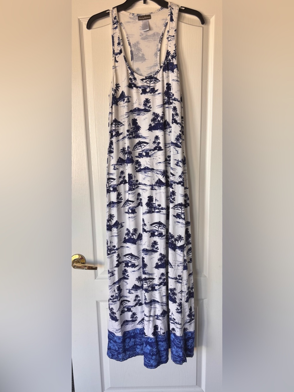 Tommy Bahama Navy and White Tropical Print Maxi Dress Cotton Womens medium